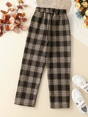 Girls' Fleece Plaid Drawstring Pants For Outwear Kids