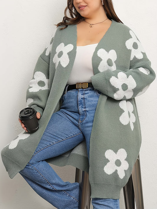 Floral Pattern V-Neck Drop Shoulder Cardigan