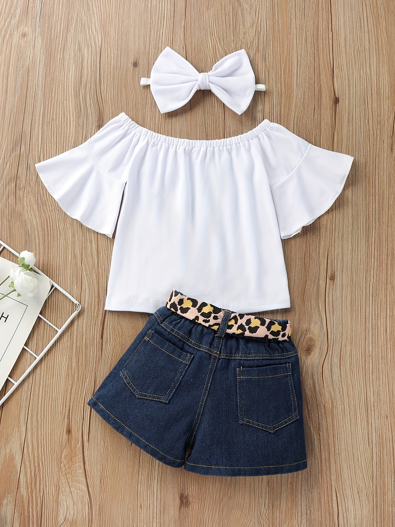 3pc Girls Off Shoulder Top & Denim Jeans Set + Headband