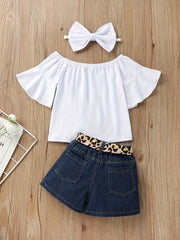 3pc Girls Off Shoulder Top & Denim Jeans Set + Headband