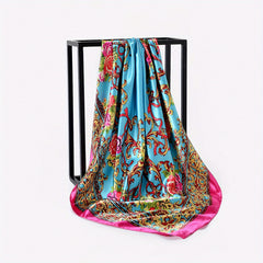 Boho Floral Print Satin Bandana Vintage Square Scarf Silk Shawl