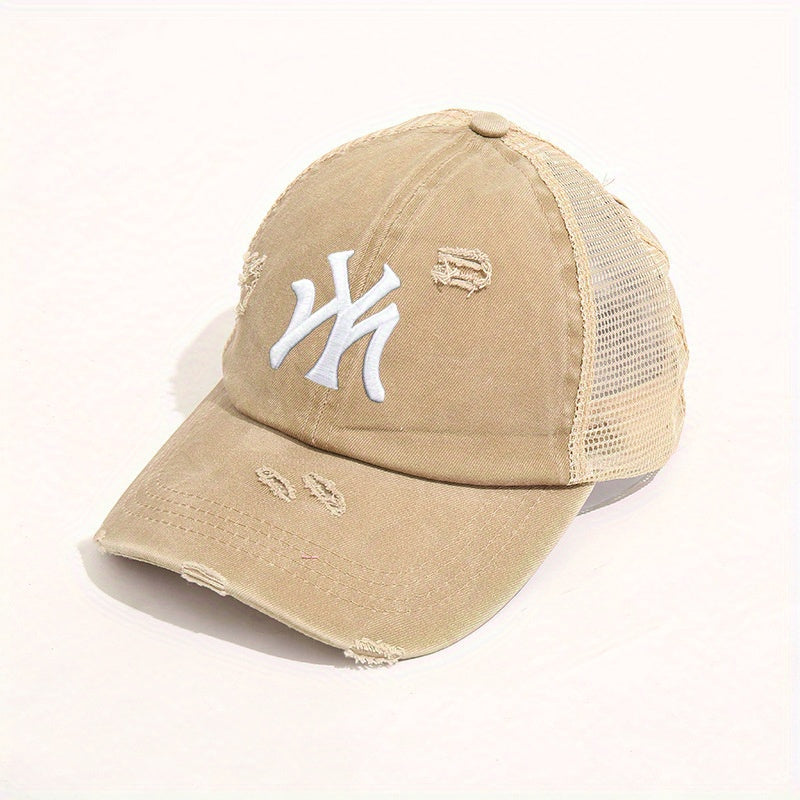 Embroidery Ponytail Trucker Hat Candy Ripped Washed Distressed Baseball Cap