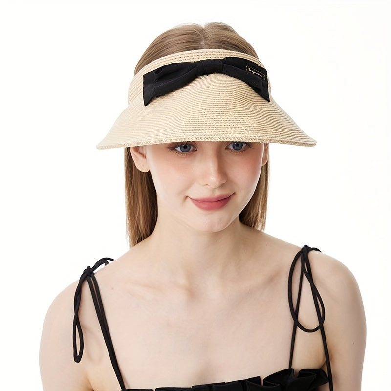 Straw Visor Hat with Bow Decor Wide Brim UV Protection