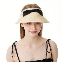 Straw Visor Hat with Bow Decor Wide Brim UV Protection