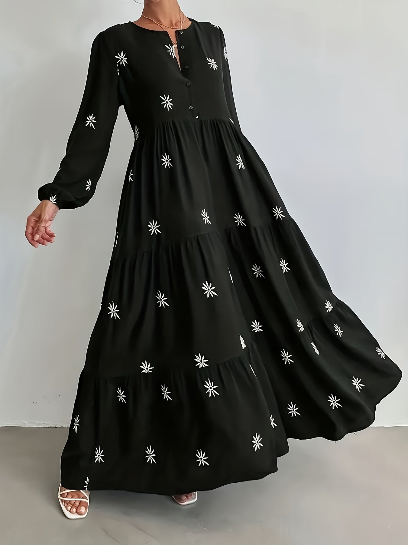  Floral Print Long Sleeve Maxi Smock Dress