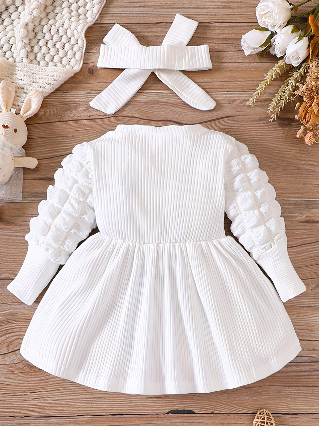 Baby's Pleated Long Sleeve Dress Set with Headband