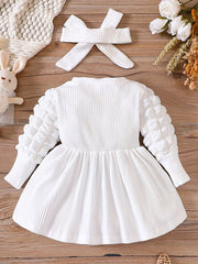 Baby's Pleated Long Sleeve Dress Set with Headband