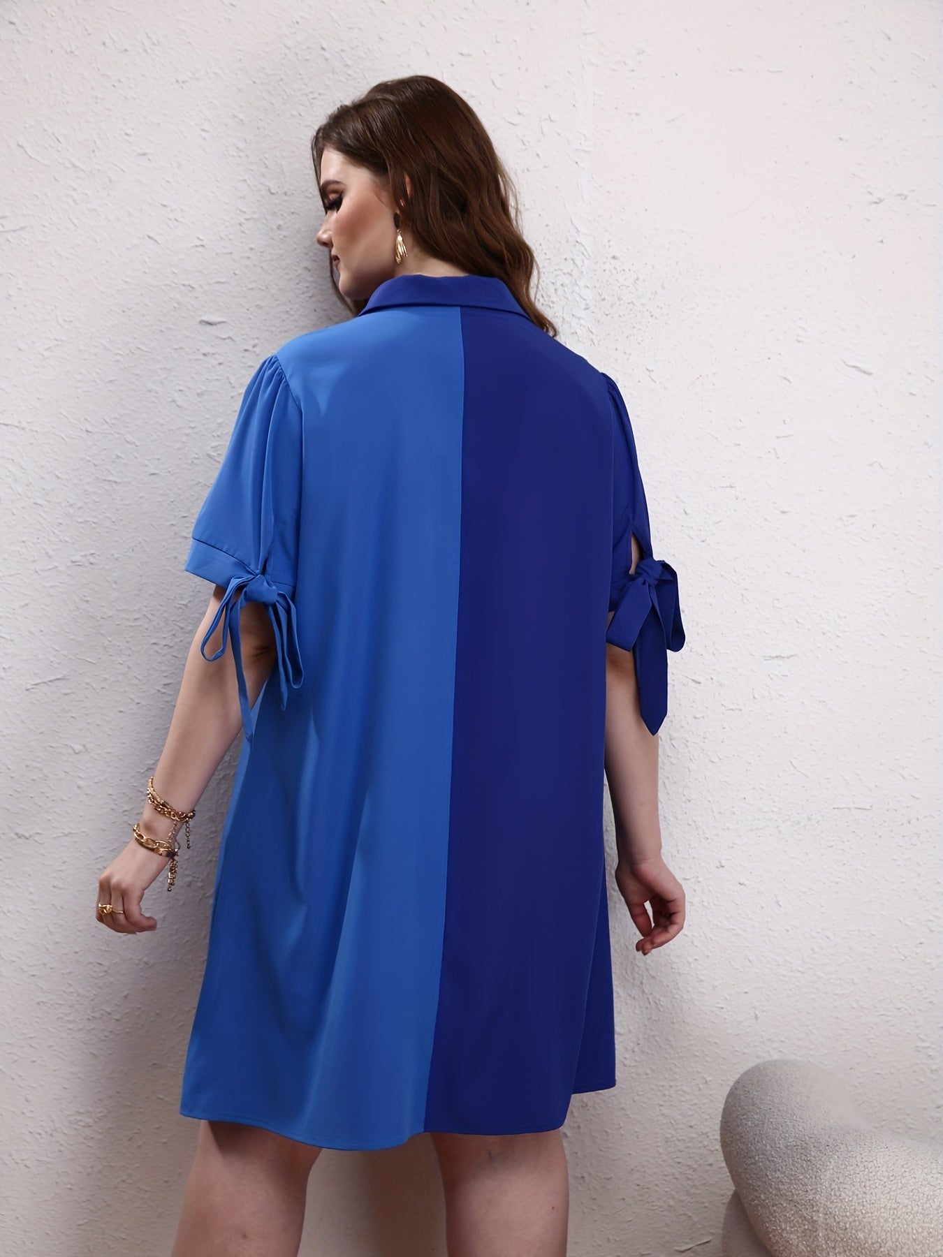  Colorblock Knot Short Sleeve Polo Neck Dress