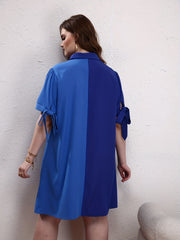 Colorblock Knot Short Sleeve Polo Neck Dress