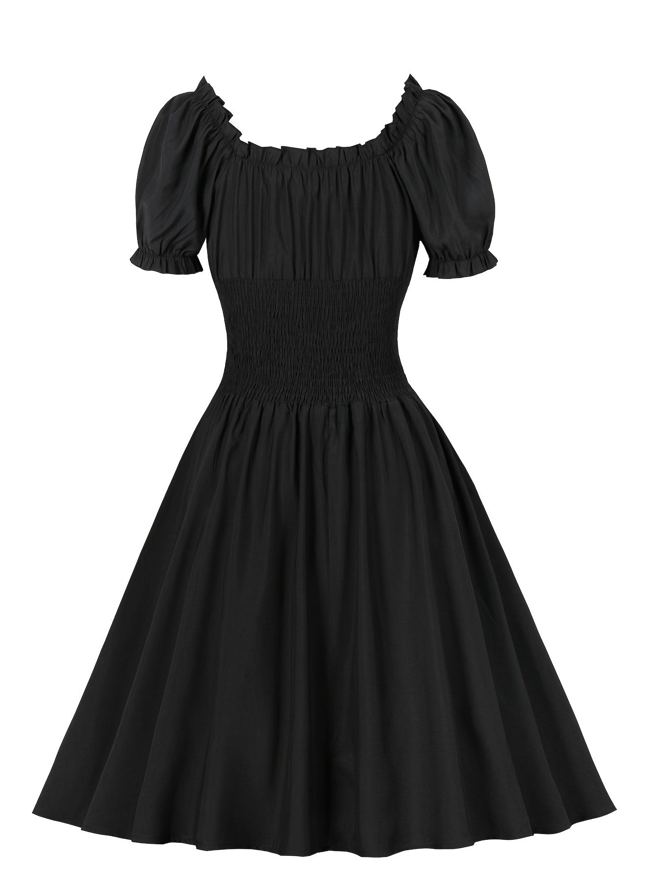  Retro Dress Off Shoulder Puff Sleeve V Neck Swing A line Dress