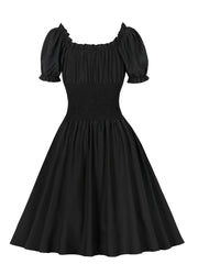  Retro Dress Off Shoulder Puff Sleeve V Neck Swing A line Dress