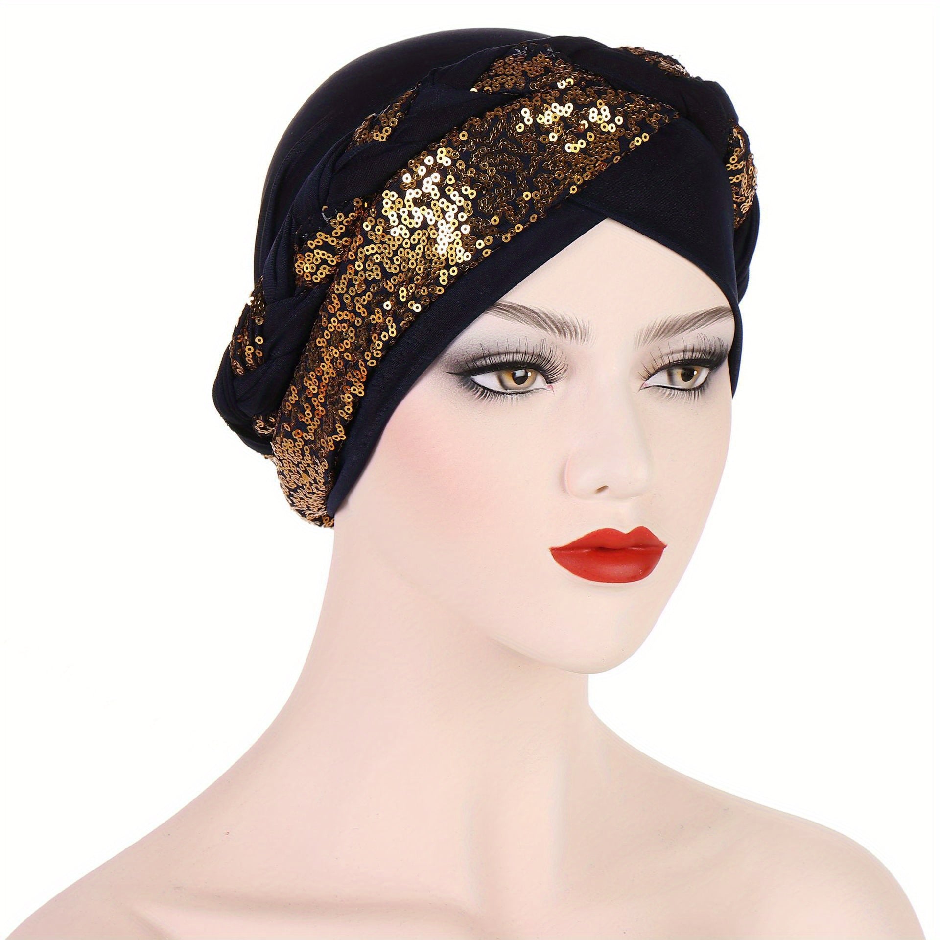 Sequin Decor Braid Turban Cap Boho Head Wrap Lightweight Beanie Women Hats
