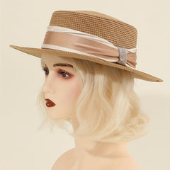 Khaki Sun Hats Satin Wide Strap Decor Flat Top Jazz Straw Hat
