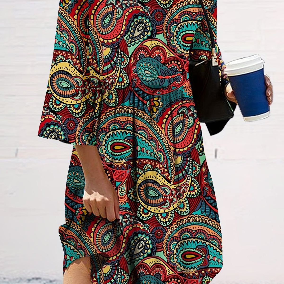  Boho Dress Women's Plus Paisley Print Half Sleeve