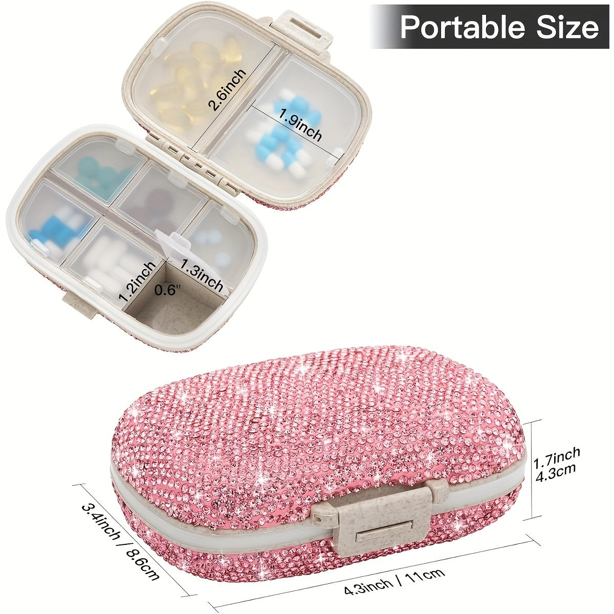 8 Compartment Pill Organizer with Diamond Travel Medicine Case 1 Pack