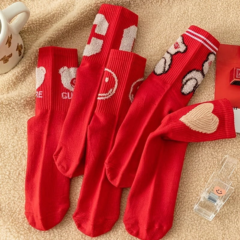 5 Pairs Red Crew Socks Lightweight & Comfy Women's Stockings
