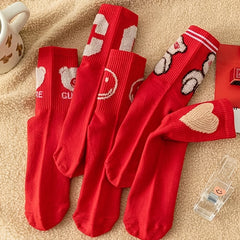 5 Pairs Red Crew Socks Lightweight & Comfy Women's Stockings