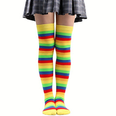 Rainbow Striped Thigh High Socks Cosplay Colorblock Over The Knee Socks