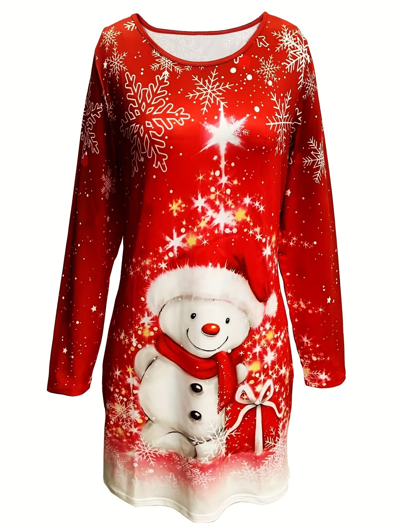  Christmas Dress Women's Snowflake Print Long Sleeve Round Neck Dress