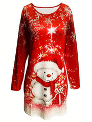  Christmas Dress Women's Snowflake Print Long Sleeve Round Neck Dress