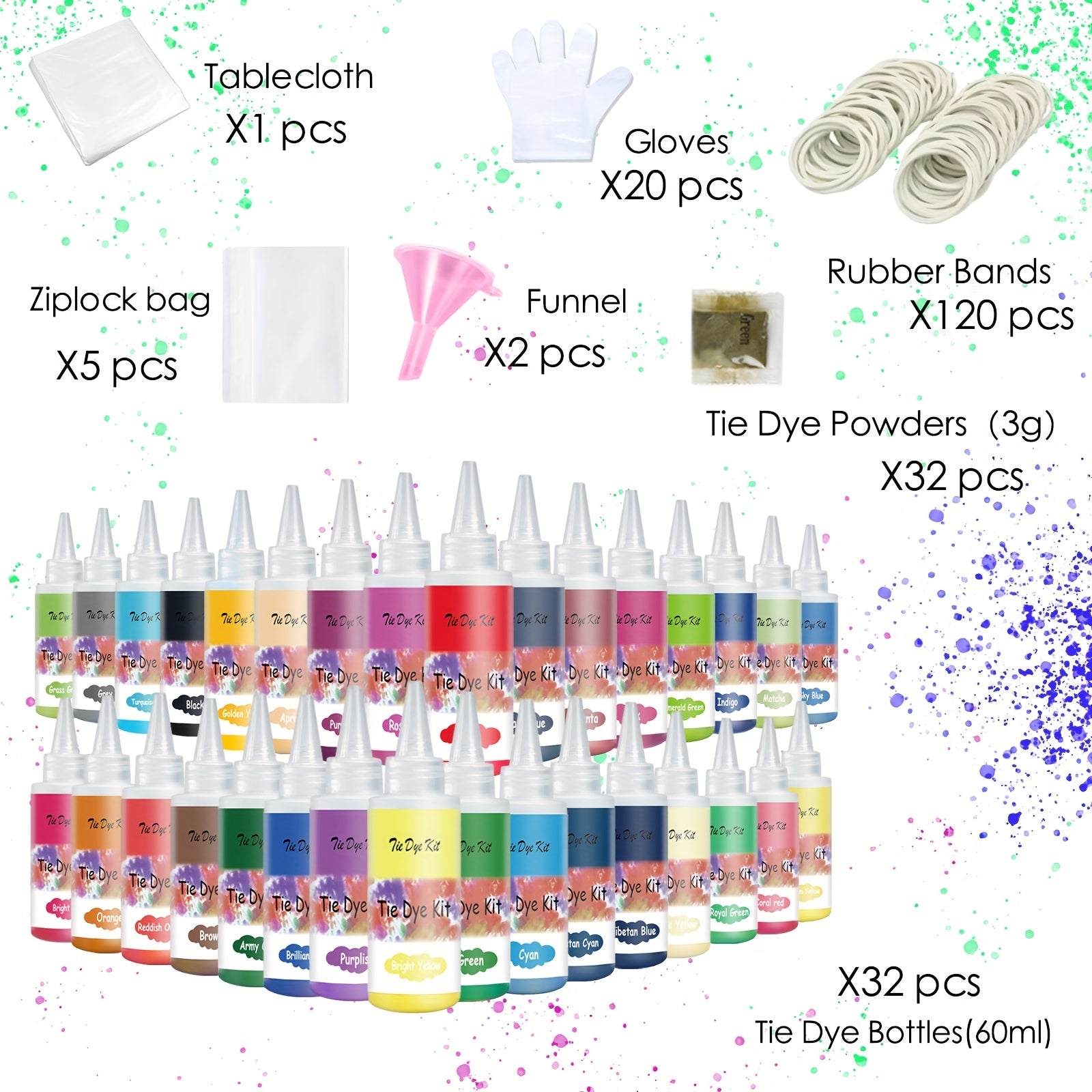 Tie Dye Kit - 32 Colors Fabric Paint Squeeze Bottles Rubber Bands