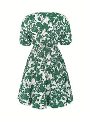  Floral Print Half Sleeve Round Neck Mini Dress With Belt