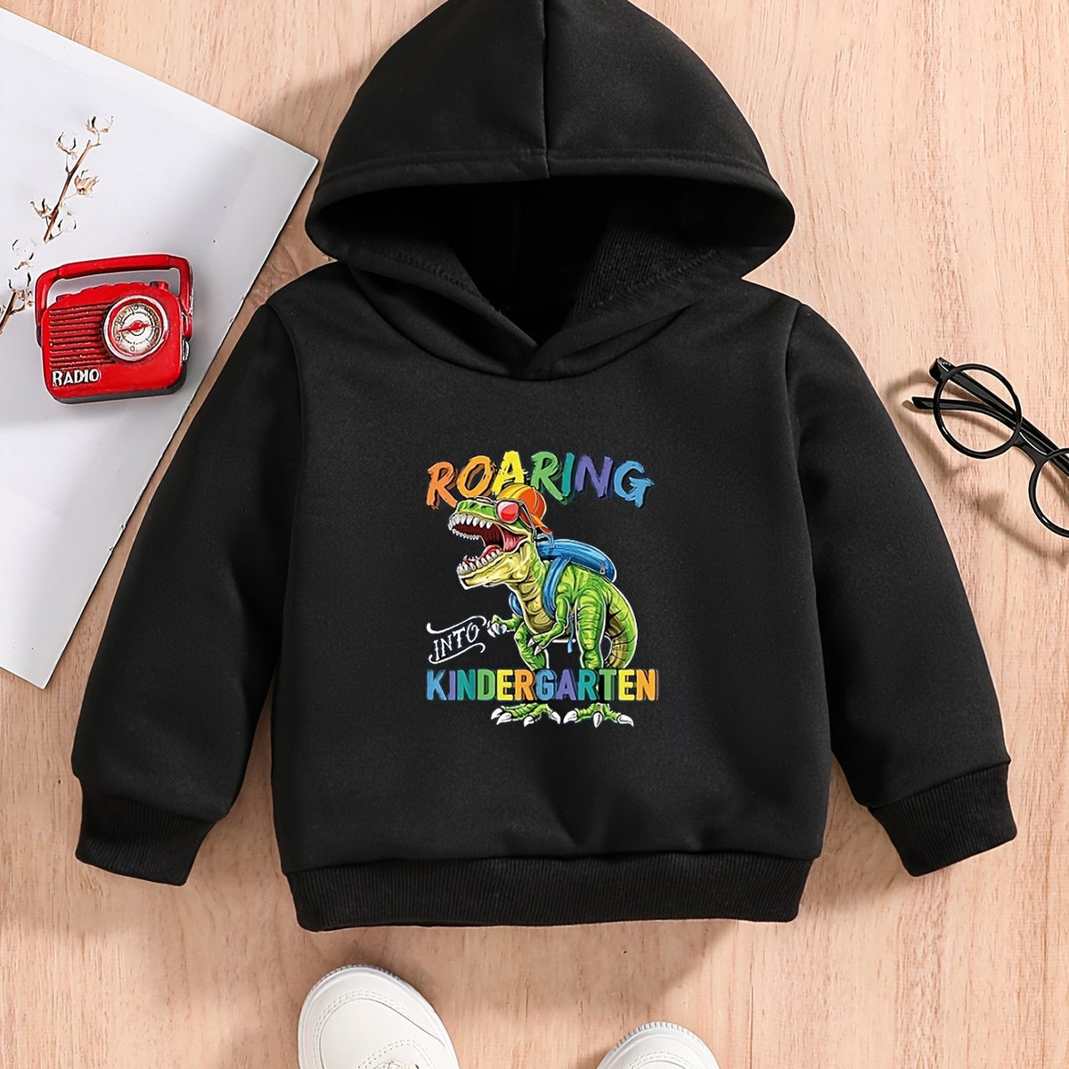 Dino Kindergarten Print Baby Boys Hooded Sweatshirt