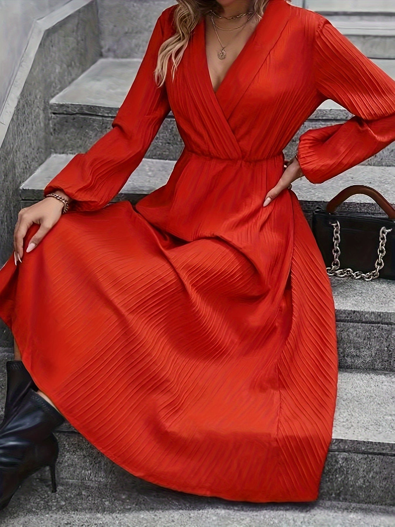  Solid Textured Lantern Sleeve Maxi Dress