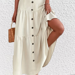  Solid Button High Rise Maxi Smock Skirt