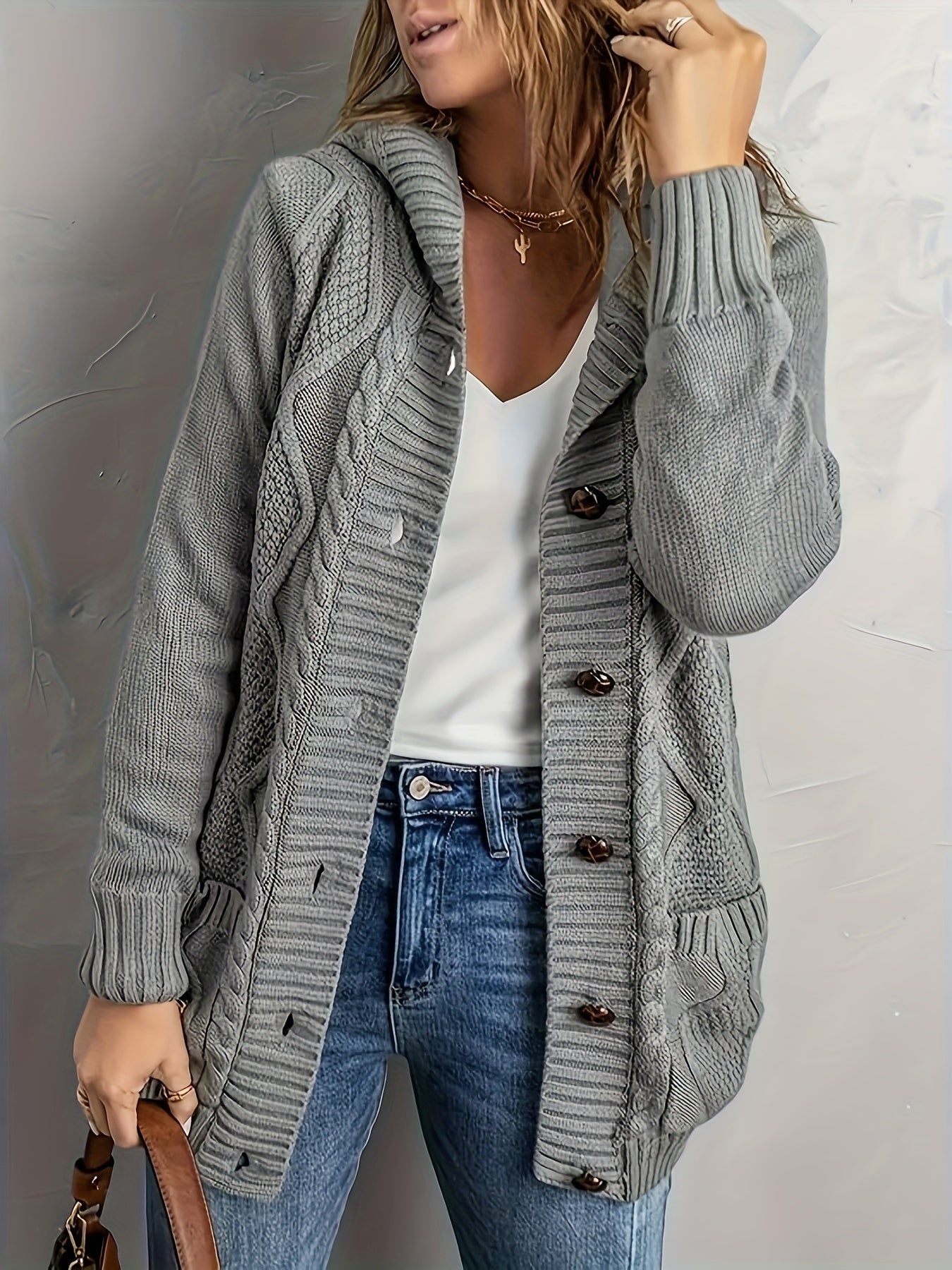  Solid Long Sleeve Hooded Sweater Cardigan