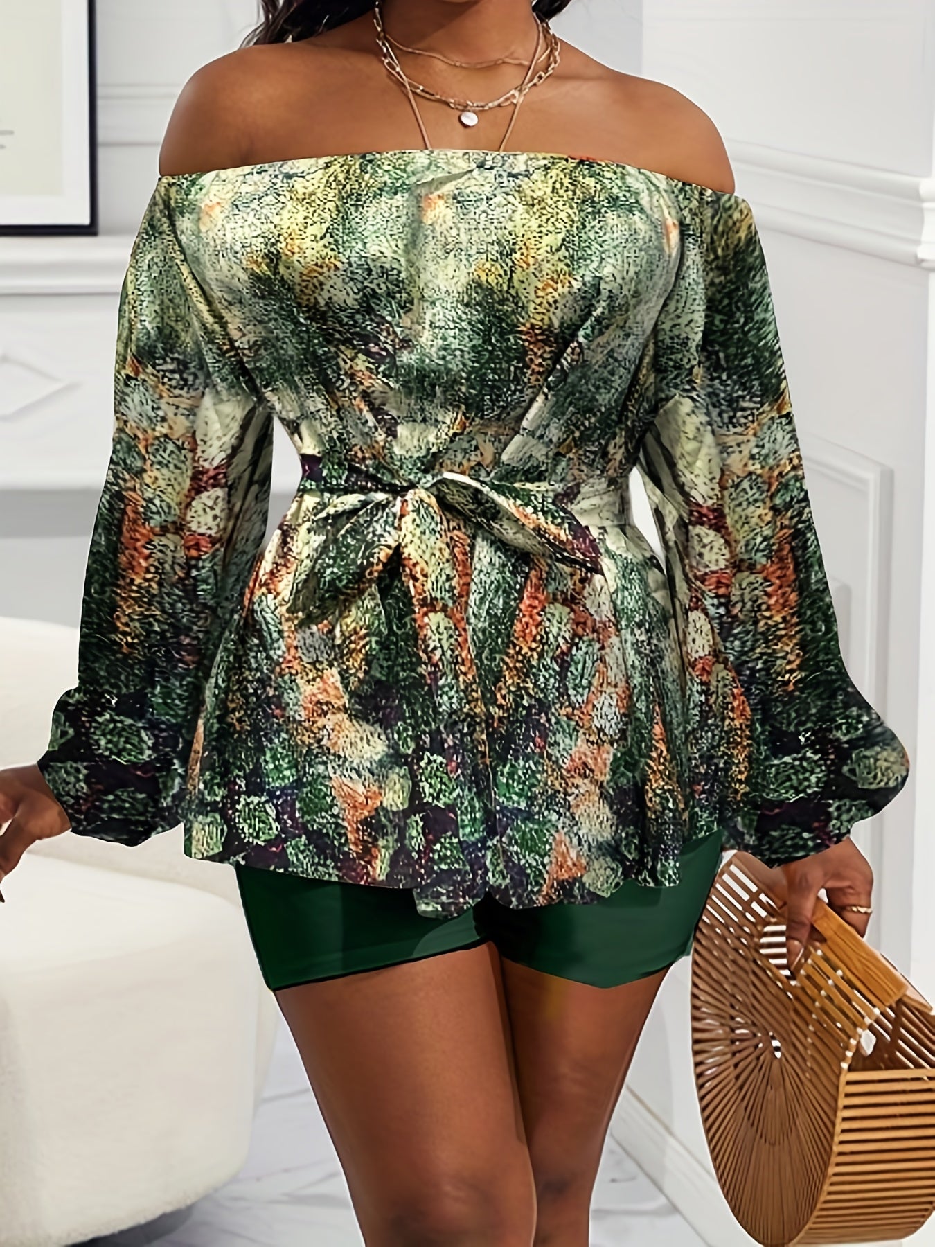  Painting Print Off Shoulder Tee & Shorts Set