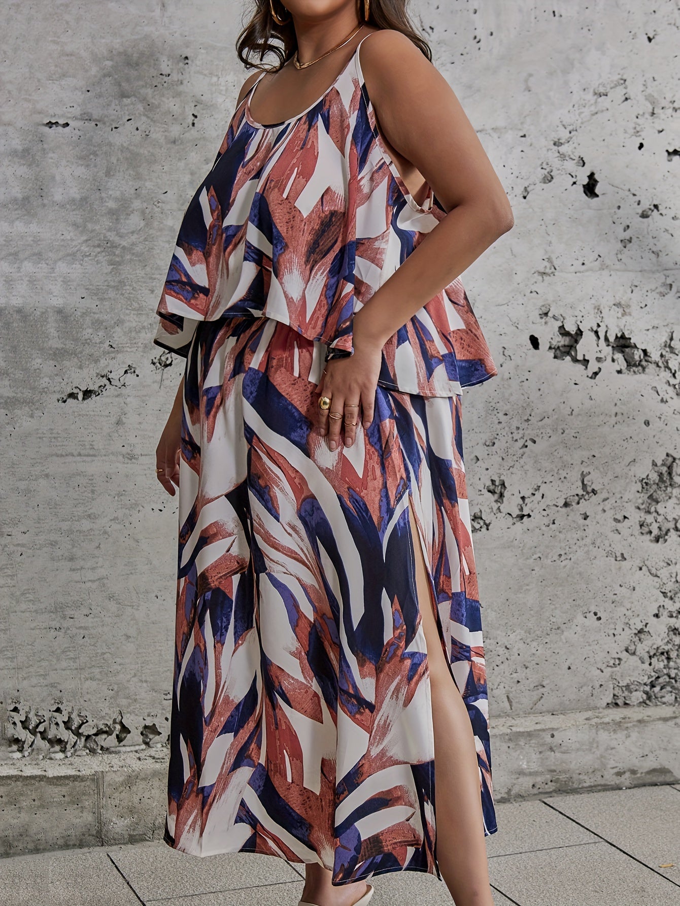  Ink Painting Print Cami Top & Split Skirt Set
