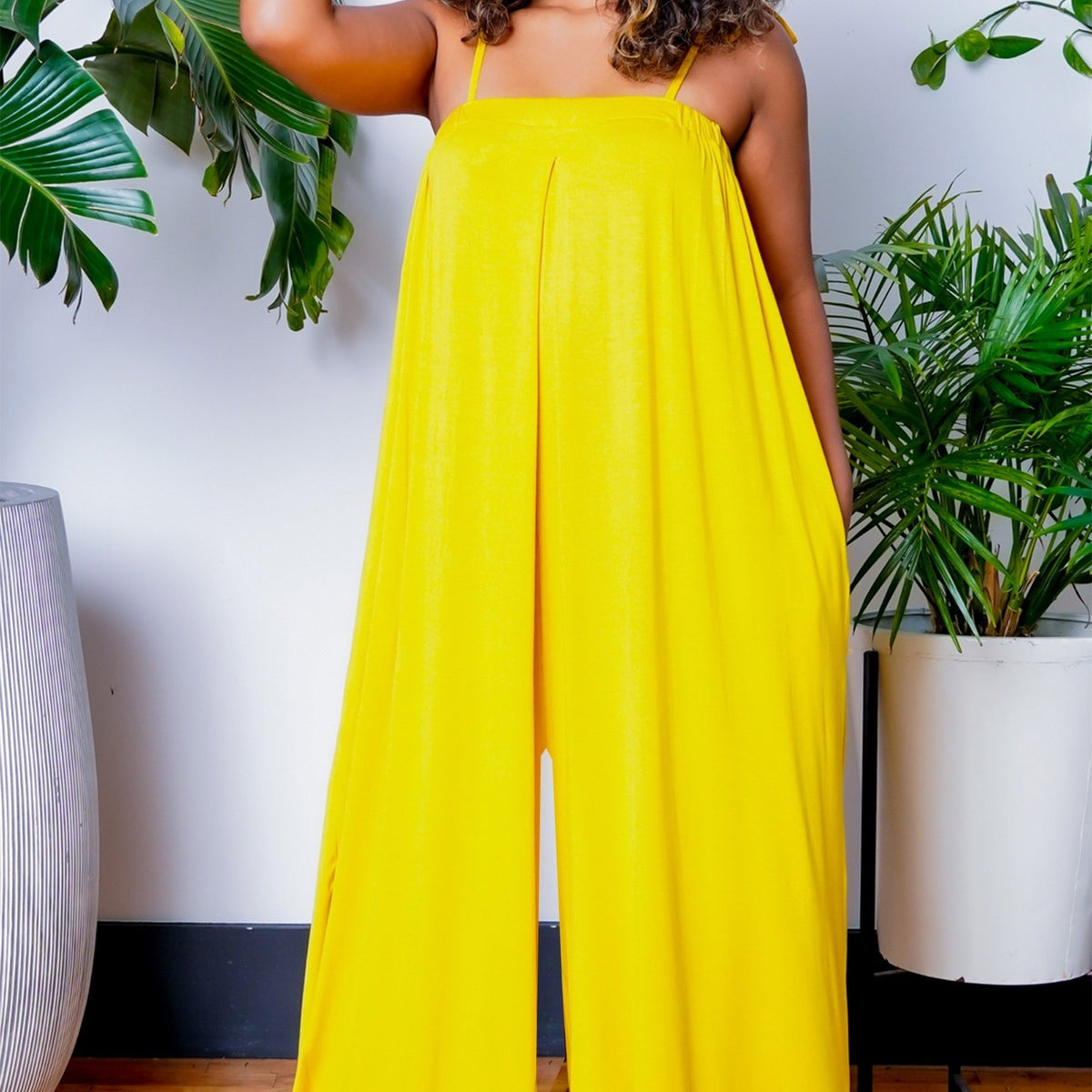 Solid Spaghetti Jumpsuit Casual Sleeveless Ruched Summer Loose Jumpsuit