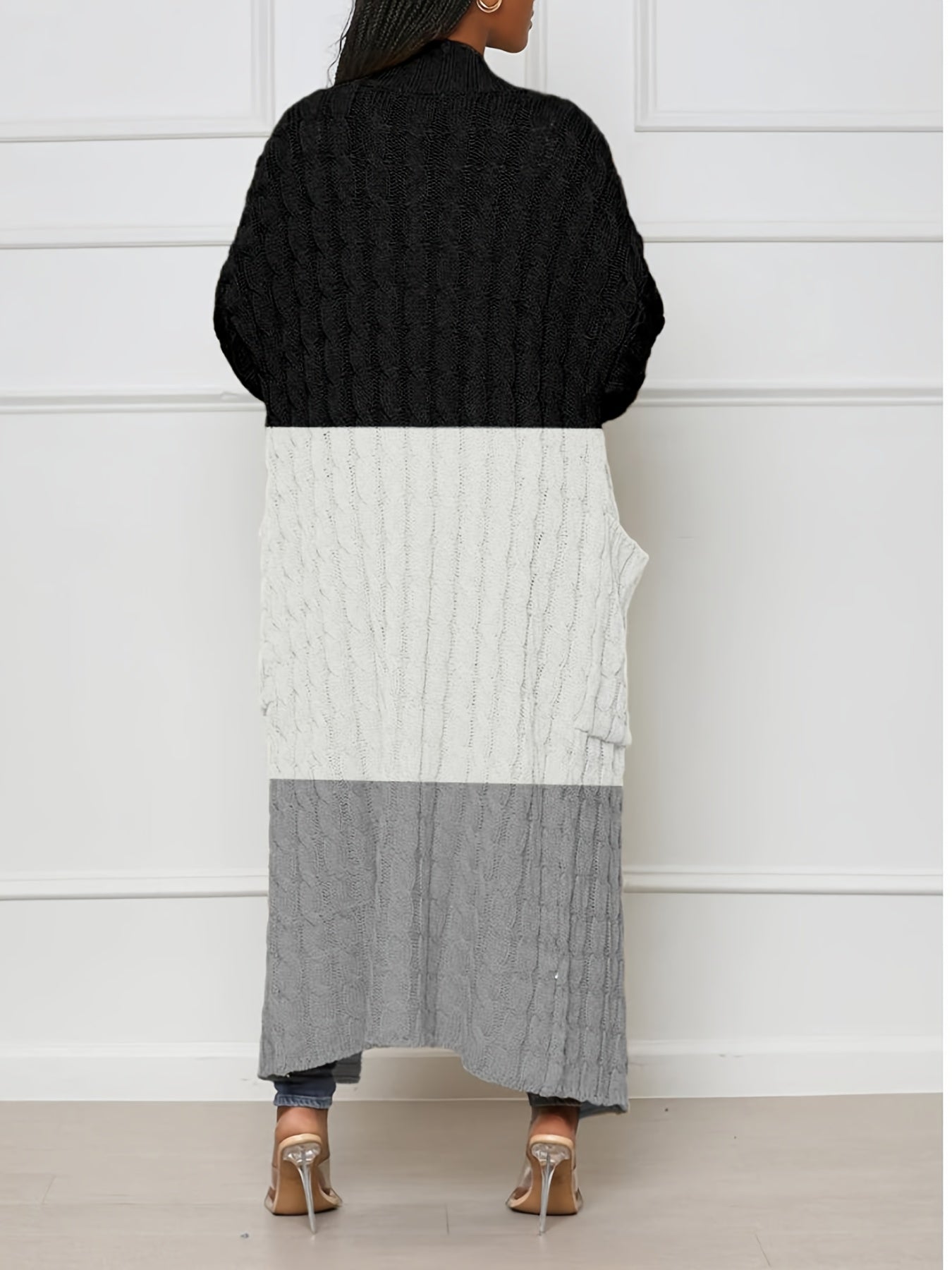  Colorblock Cable Long Sleeve Open Front Long Cardigan