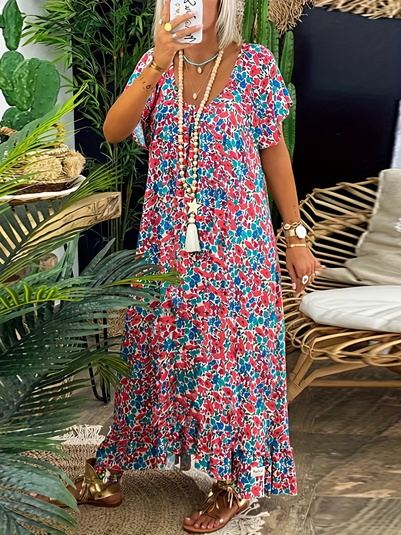  Boho Dress Floral Print V Neck Maxi Dress