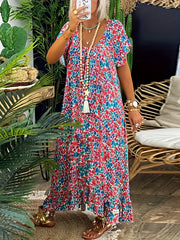  Boho Dress Floral Print V Neck Maxi Dress