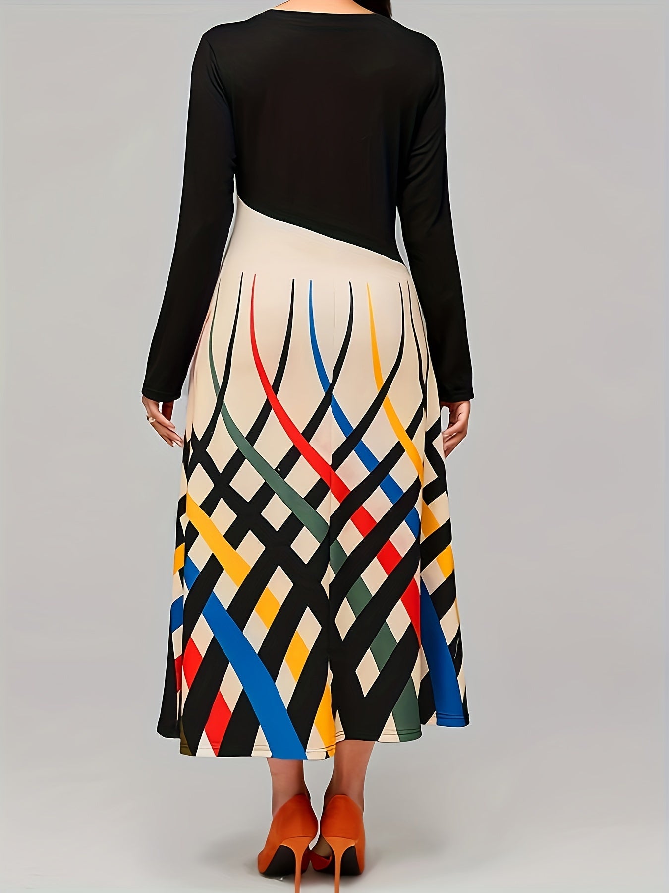  Colorblock Stripe Long Sleeve V Neck Dress