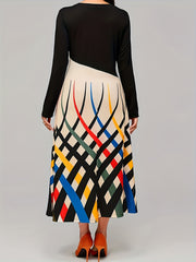  Colorblock Stripe Long Sleeve V Neck Dress