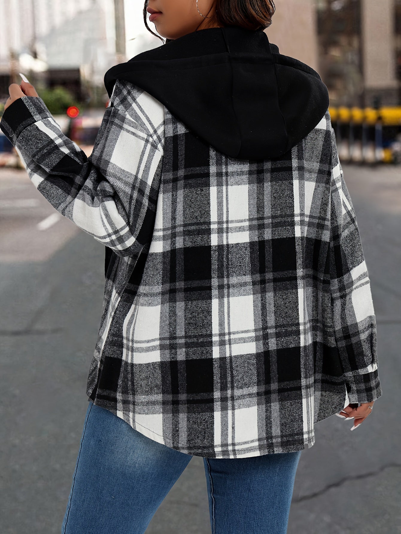 Plaid Print Long Sleeve Button Up Hooded Drawstring Shirt Top