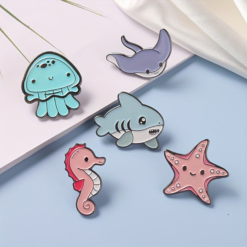Enamel Marine Life Brooch Set Shark Jellyfish Seahorse Pins