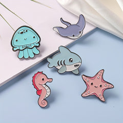 Enamel Marine Life Brooch Set Shark Jellyfish Seahorse Pins