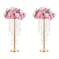 2pcs Tall Golden Flower Vases Crystal Centerpiece