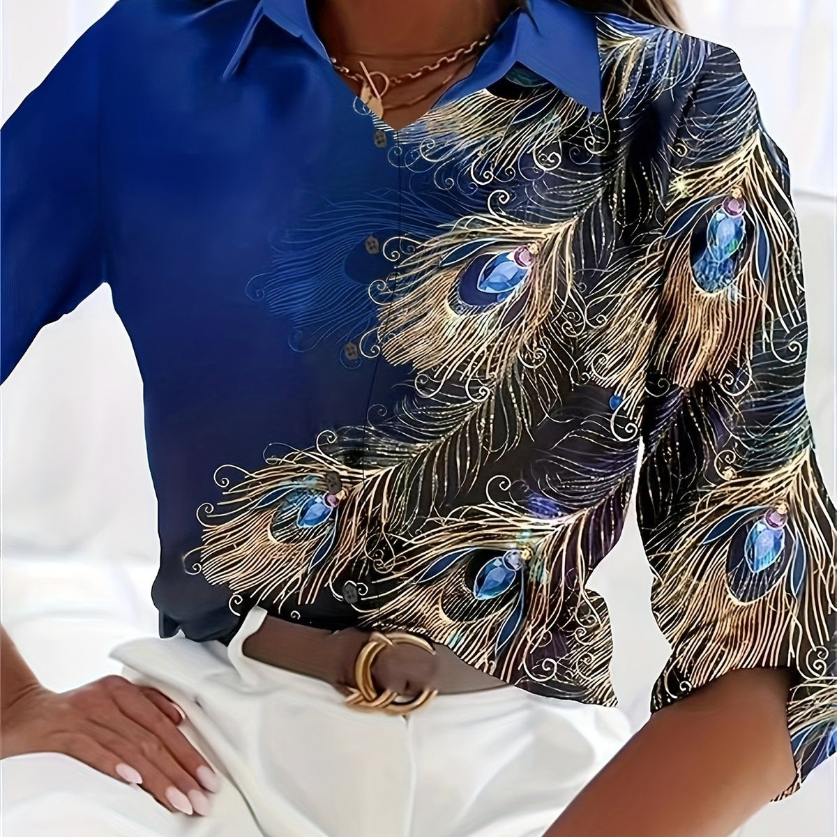  Feather Print Button Up Long Sleeve Blouse