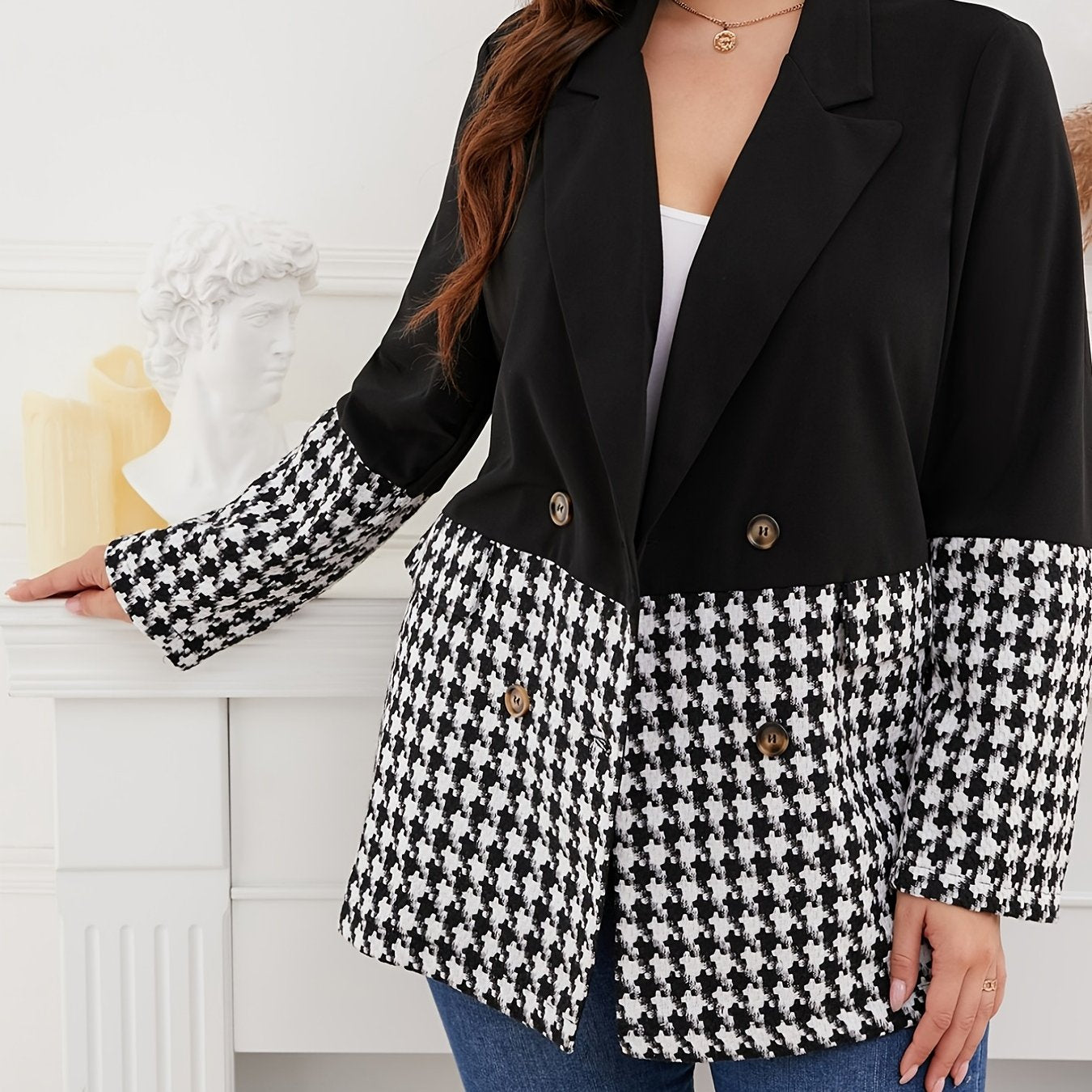  Houndstooth Lapel Collar Blazer Women's Plus Business Casual Blazer