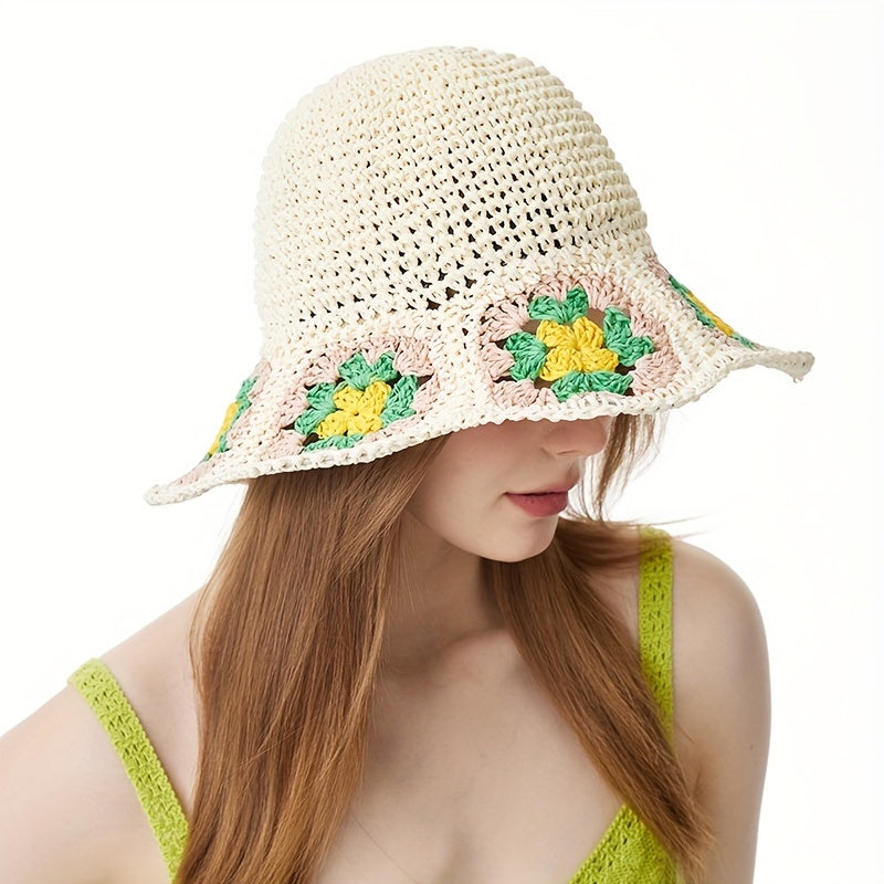 Vintage Rainbow Flower Bucket Hat Hand Crochet Foldable Straw Beach Hats