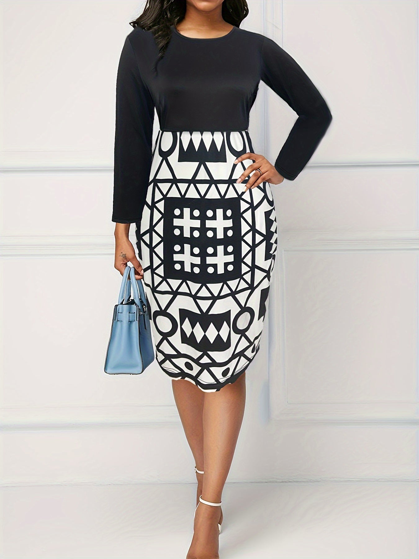  Colorblock Geo Print Long Sleeve Round Neck Dress