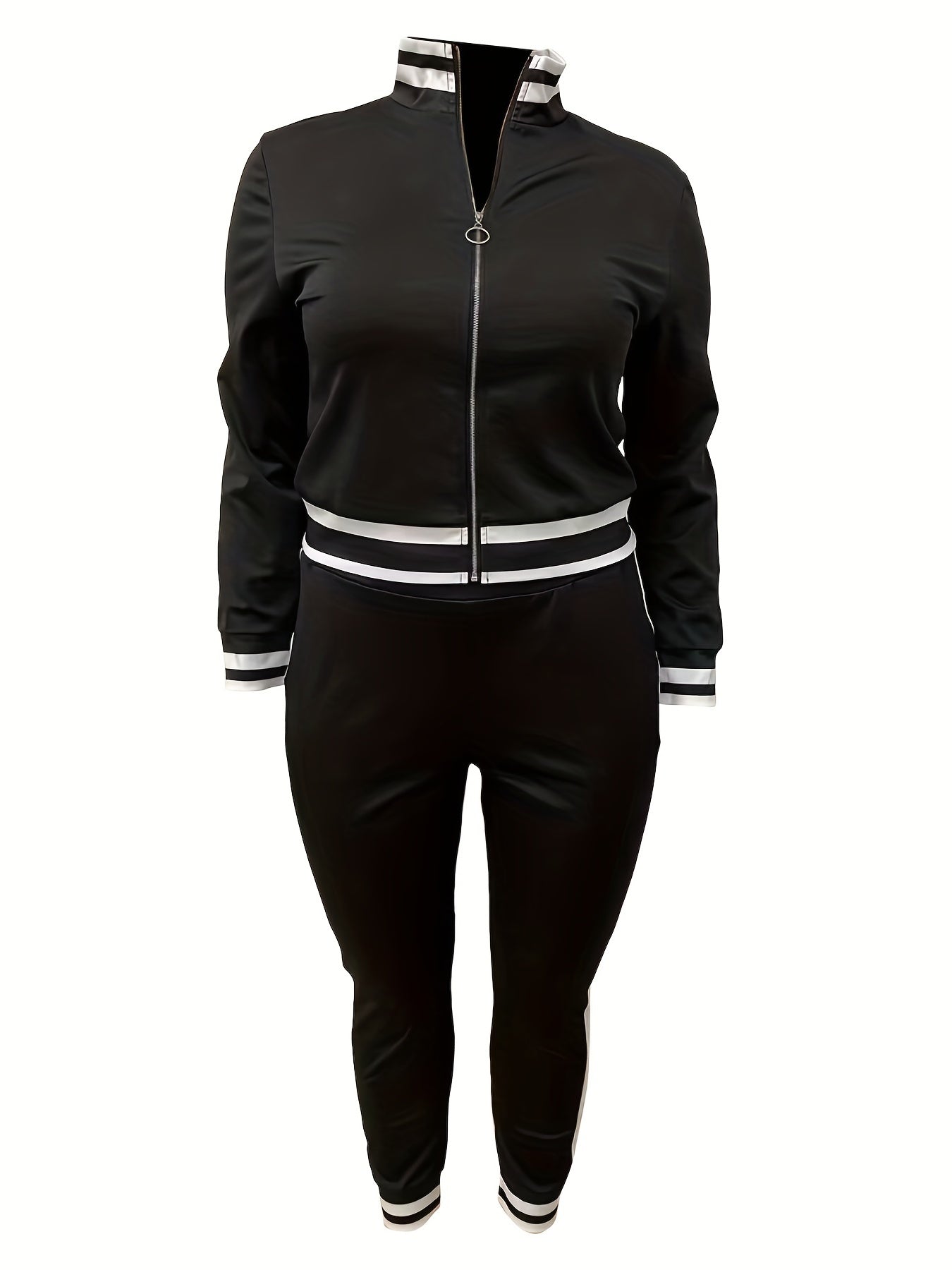  Colorblock Striped 2 Piece Set Zip Up Coat & Pants Outfits