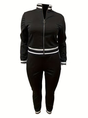  Colorblock Striped 2 Piece Set Zip Up Coat & Pants Outfits