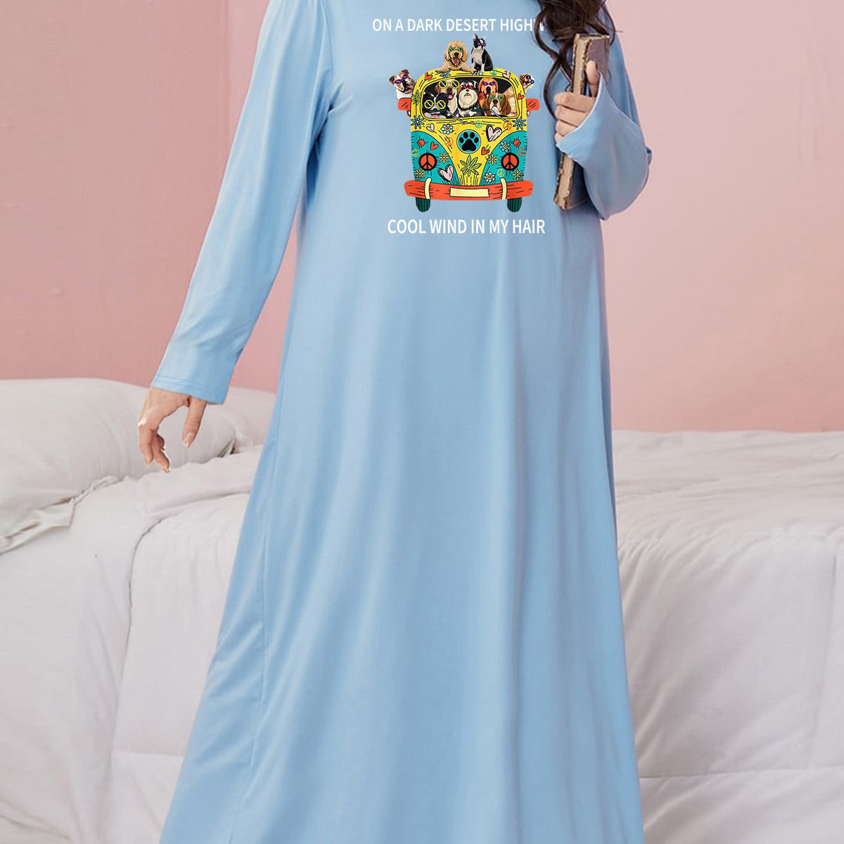  Puppies & Car Print Long Sleeve Sleep Dress