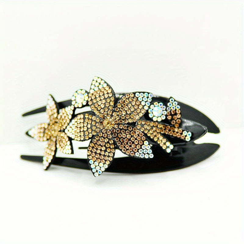 Vintage Rhinestone Flower Hair Clip Ponytail Holder
